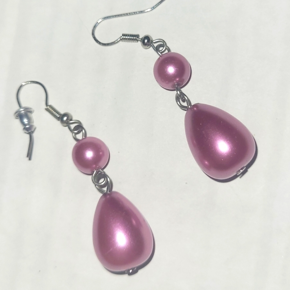 Pink Earrings french hook Pearlescent 1.25" dangle length